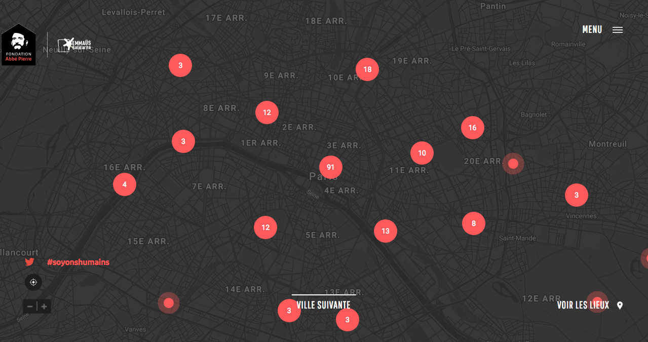 Cartographie du mobilier urbain anti-SDF à Paris réalisée par la Fondation Abbé Pierre et Emmaüs Solidarité à partir des données récoltées par les internautes - Capture d'écran du site SoyonsHumains.fr