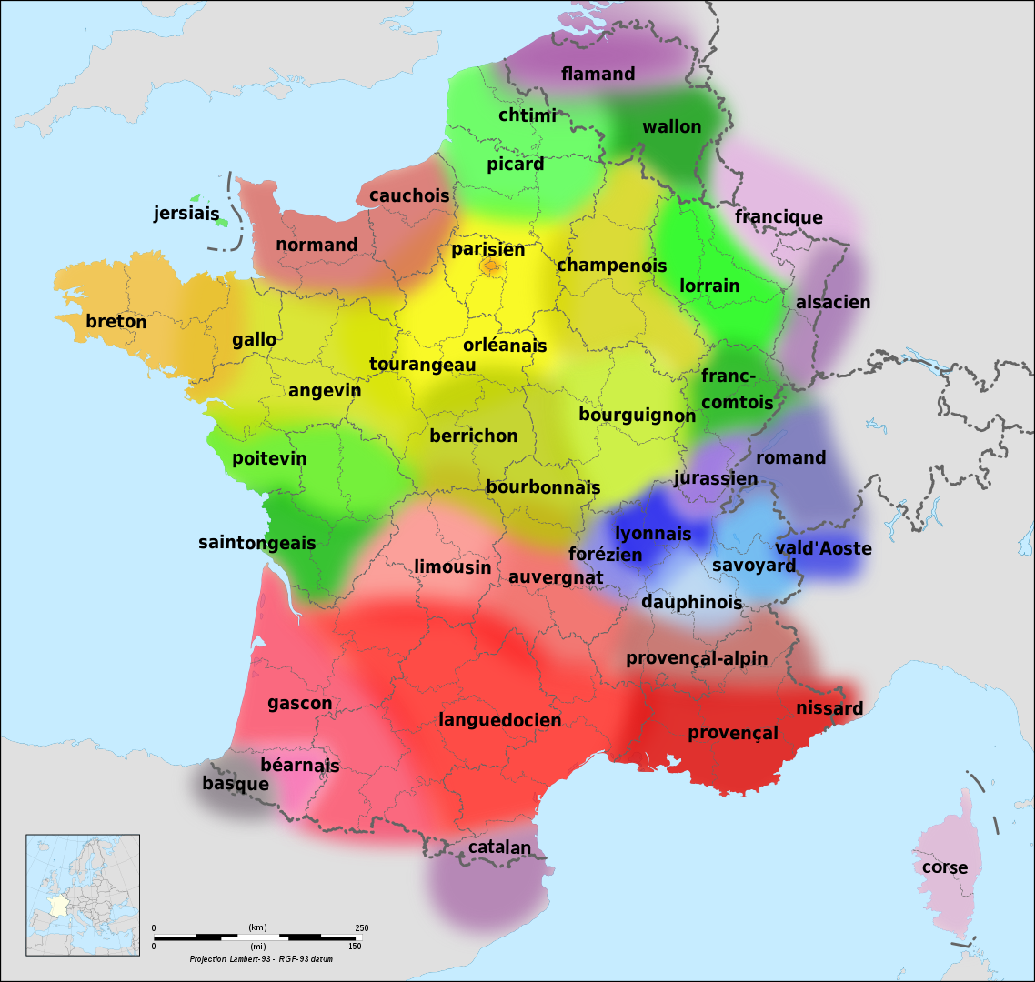 Carte des langues parlées en France hexagonale repérées par des zones géographiques de différentes couleurs